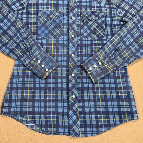 Vintage Pearl Snap Western Shirt Blue Plaid Long Tail Distressed Faded Flannel - Picture 4 of 8